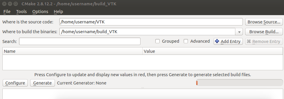 the source and build folders for VTK build using cmake-gui